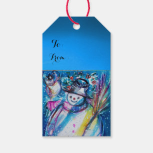 SNOWMAN WITH OWL ,CHRISTMAS NIGHT Blue Gift Tags