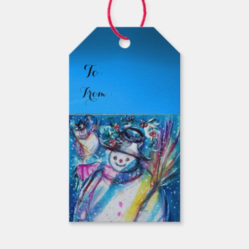 SNOWMAN WITH OWL CHRISTMAS NIGHT Blue Gift Tags