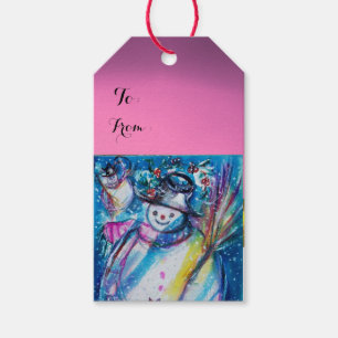 SNOWMAN WITH OWL / CHRISTMAS NIGHT,Pink Gift Tags