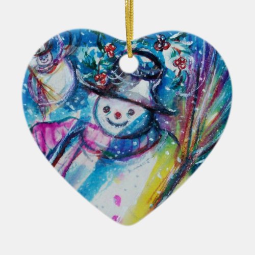 SNOWMAN WITH OWL Heart Ceramic Ornament