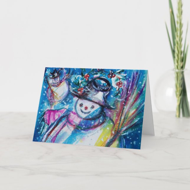 SNOWMAN WITH OWL IN WINTER Christmas Greetings Holiday Card (Front)