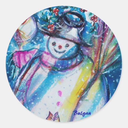 SNOWMAN WITH OWL IN WINTER NIGHT CLASSIC ROUND STICKER