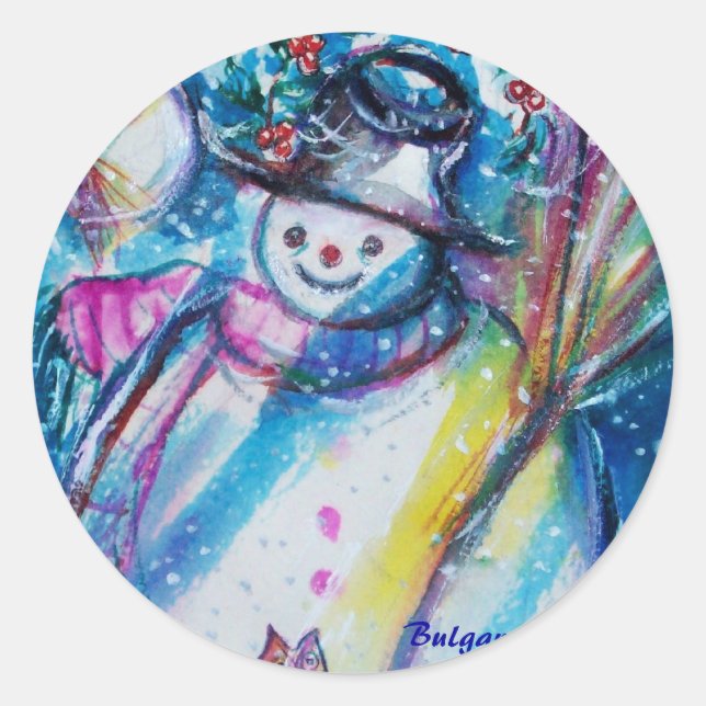 SNOWMAN WITH OWL IN WINTER NIGHT CLASSIC ROUND STICKER (Front)