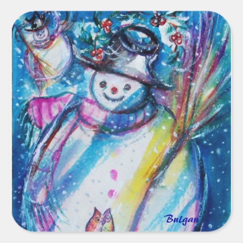 SNOWMAN WITH OWL IN WINTER NIGHT SQUARE STICKER