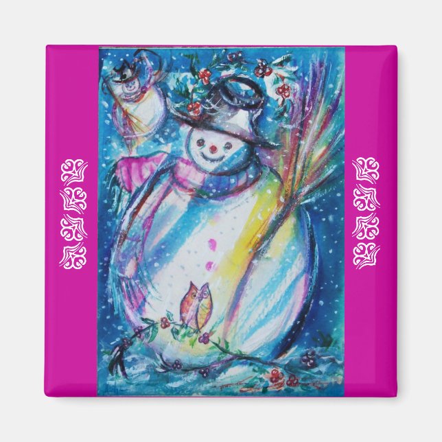 SNOWMAN WITH OWL IN WINTER Puprle Blue Magnet (Front)