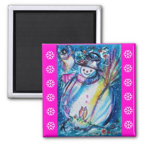 SNOWMAN WITH OWL  Pink White Snowflakes Magnet