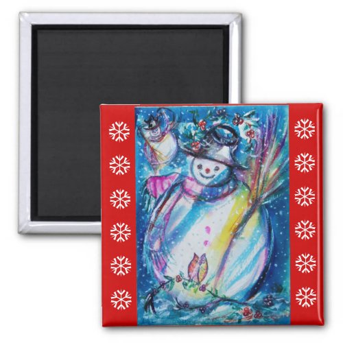 SNOWMAN WITH OWL  Red White Snowflakes Magnet