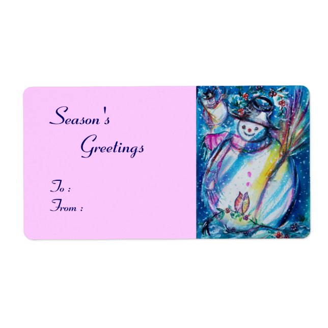 SNOWMAN WITH OWL , white blue pink Label (Front)