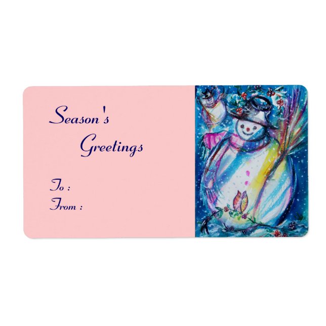 SNOWMAN WITH OWL , white blue pink Label (Front)