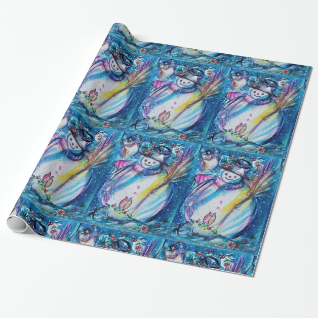 SNOWMAN WITH OWL WINTER HOLIDAY GREETINGS WRAPPING PAPER (Unrolled)
