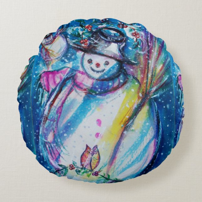 SNOWMAN WITH OWL Winter Season Round Pillow (Front)