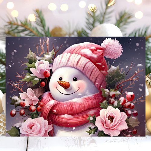 Snowman With Pink Roses Christmas Holiday Card