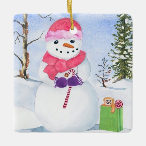 Snowman with pink scarf and candy cane Ornament