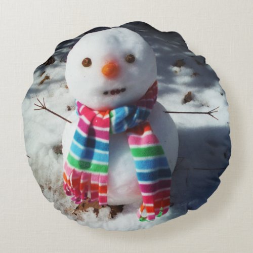 Snowman with Rainbow Scarf Round Pillow