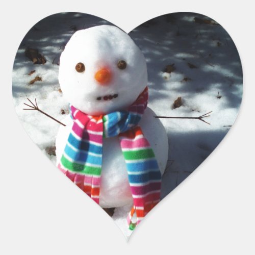 Snowman with Rainbow Striped Scarf Heart Sticker