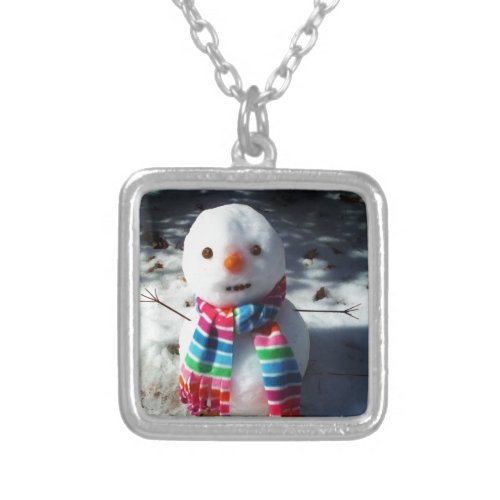 Snowman with Rainbow Striped Scarf Silver Plated Necklace