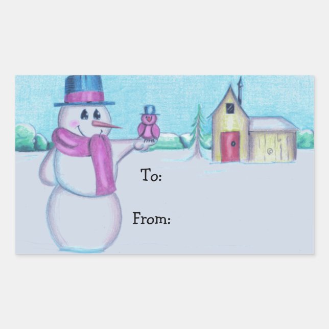 Snowman with Red Bird Folk Art Drawing Rectangular Sticker (Front)