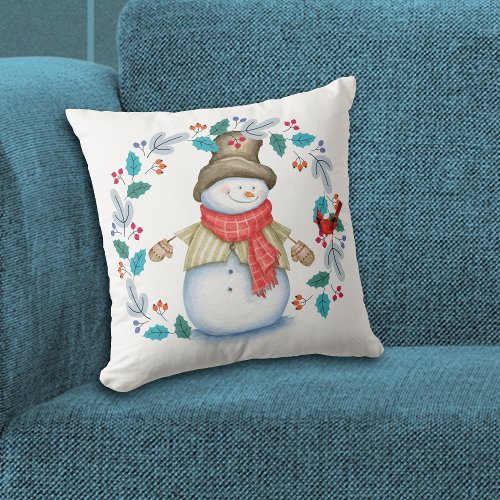 Snowman with Red Bird Wreath Holiday Throw Pillow