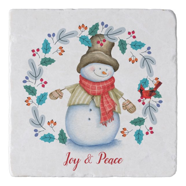 Snowman with Red Bird Wreath Holiday Trivet (Front)