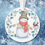 Snowman with Red Bird Wreath Kids Ornament<br><div class="desc">This Holiday ornament has a happy snowman all dressed up in his top hat, winter scarf, jacket, and mittens. With a big smile on his face, he is looking at a little red cardinal bird which is perched in a blue leaf and red berry wreath. The back of the ornament...</div>