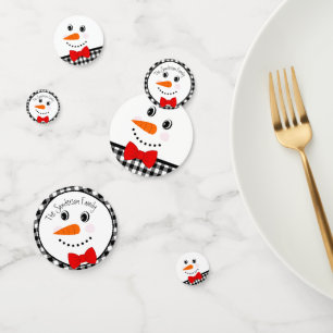 Snowman with Red Bowtie Black Buffalo Plaid Trim,  Confetti