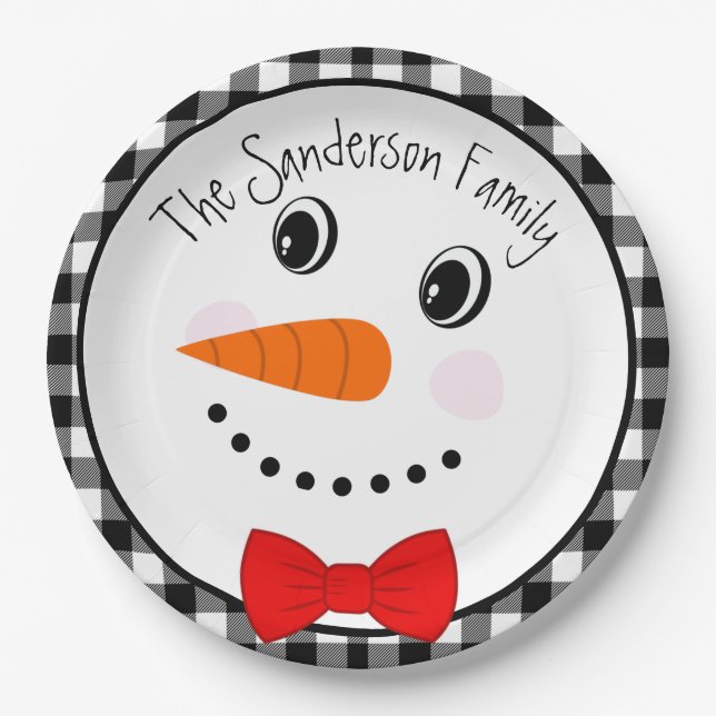 Snowman with Red Bowtie Black Buffalo Plaid Trim  Paper Plates (Front)