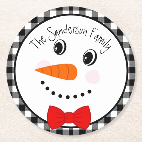 Snowman with Red Bowtie Black Buffalo Plaid Trim Round Paper Coaster