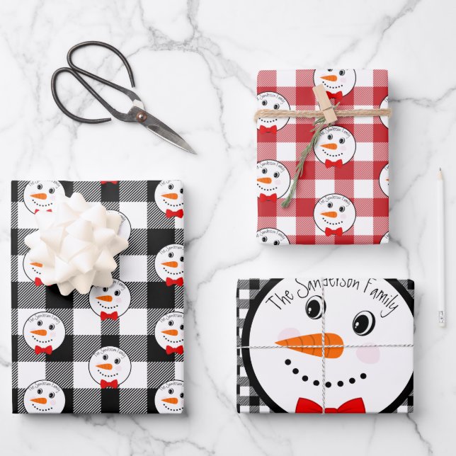 Snowman with Red Bowtie Black Buffalo Plaid Trim W Wrapping Paper Sheets (Front)