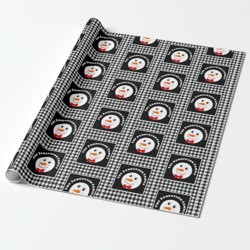 Snowman with Red Bowtie Black Buffalo Plaid Trim  Wrapping Paper