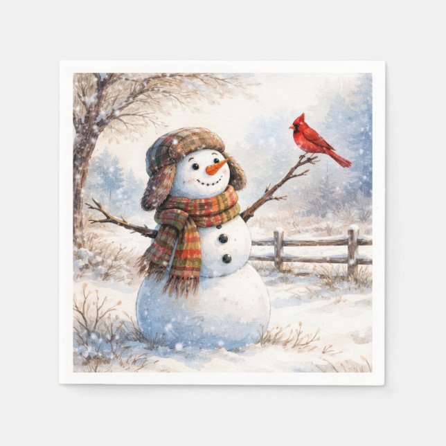 Snowman With Red Cardinal Bird Napkins (Front)