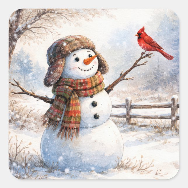 Snowman With Red Cardinal Bird Square Sticker (Front)