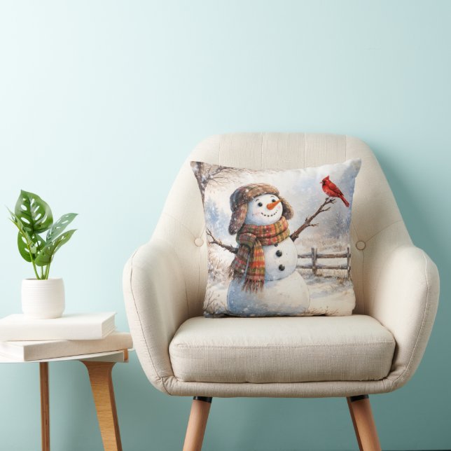 Snowman With Red Cardinal Bird Throw Pillow (Chair)