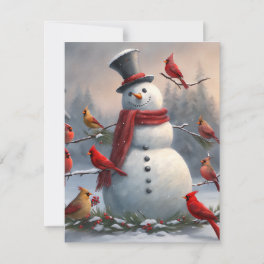Snowman with Red Cardinals Snowy Holiday Card