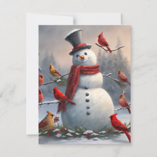 Snowman with Red Cardinals Snowy  Holiday Card