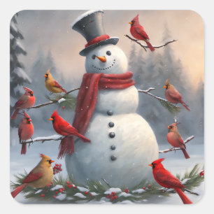 Snowman with Red Cardinals Snowy Square Sticker