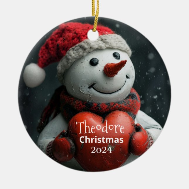 Snowman with Red Heart Personalized Ornament (Front)