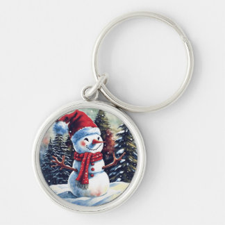 Snowman with red hot in front of trees keychain