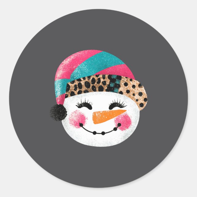 Snowman With Santa Hat And Leopard Pattern  Classic Round Sticker (Front)