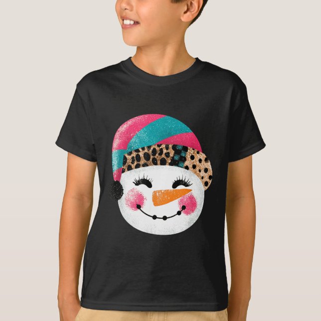 Snowman With Santa Hat And Leopard Pattern  T-Shirt (Front)