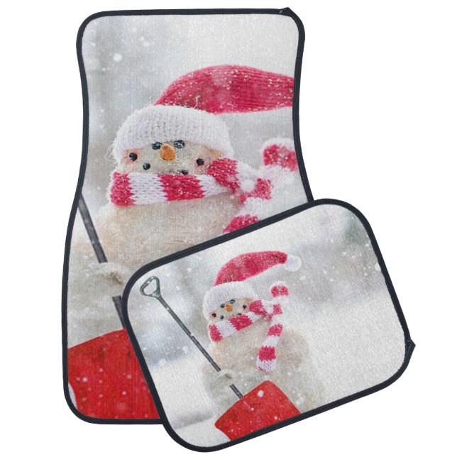 Snowman With Santa Hat Car Floor Mat (Set)