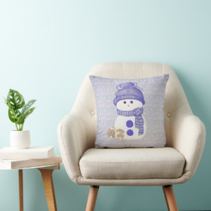 Snowman with Sleeping Bunnies Throw Pillow