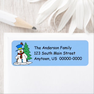 Snowman with snow and Pine Tree Label