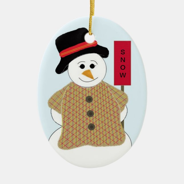 Snowman with Snow Sign Ceramic Ornament (Front)