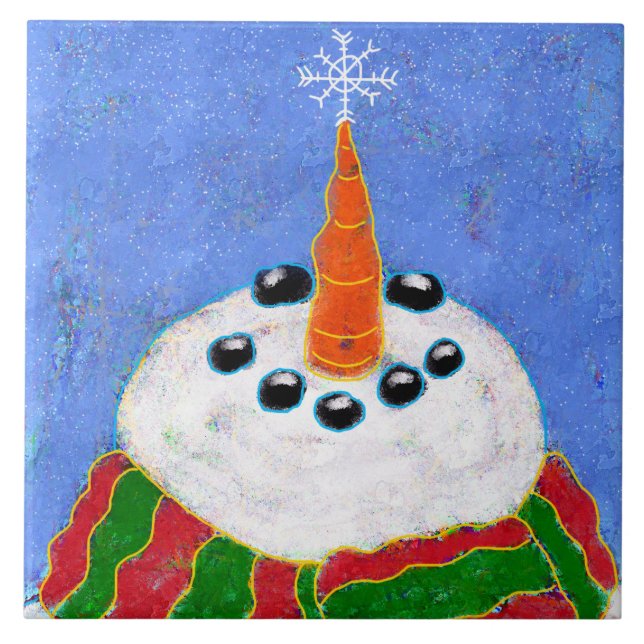 Snowman with Snowflake Abstract Art  Ceramic Tile (Front)