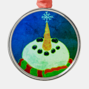 Snowman with Snowflake Abstract Art Metal Ornament