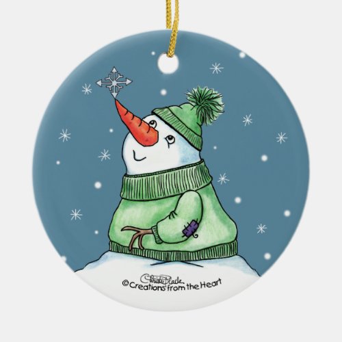 Snowman with Snowflake on nose Ceramic Ornament