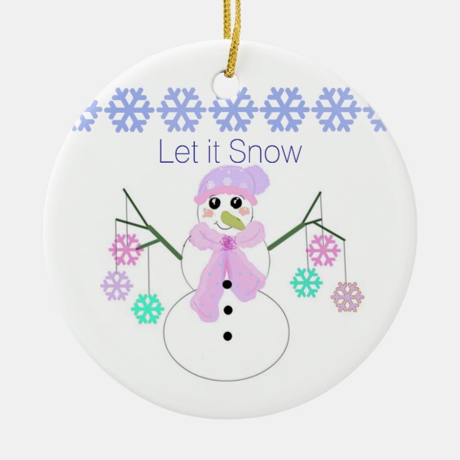 Snowman with Snowflakes Ceramic Ornament (Front)