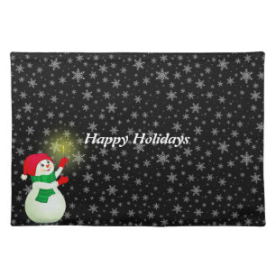 Snowman with Snowflakes on Black Cloth Placemat