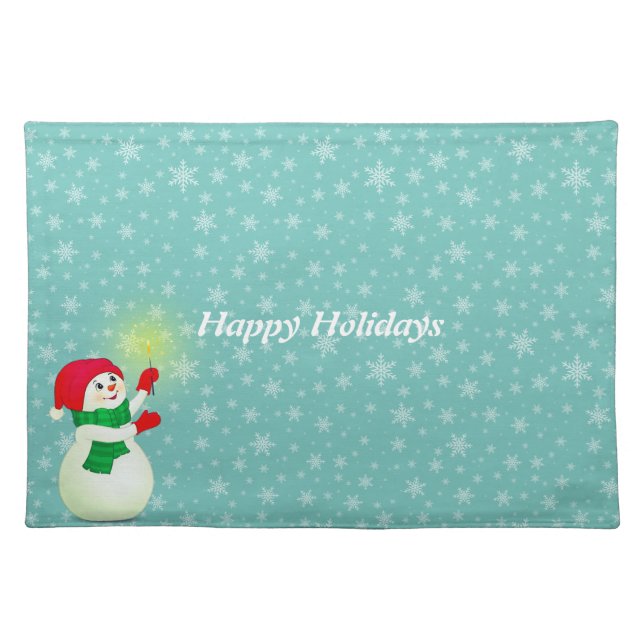Snowman with Snowflakes on Teal Cloth Placemat (Front)