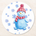 Snowman with snowflakes reusable round paper coaster<br><div class="desc">A sweet smiling snowman surrounded with snowflakes makes a lovely disposable,  yet reusable paper coaster for your home or office. Sold in sets of 6 so you will have plenty to set out during your holiday parties or anytime!</div>